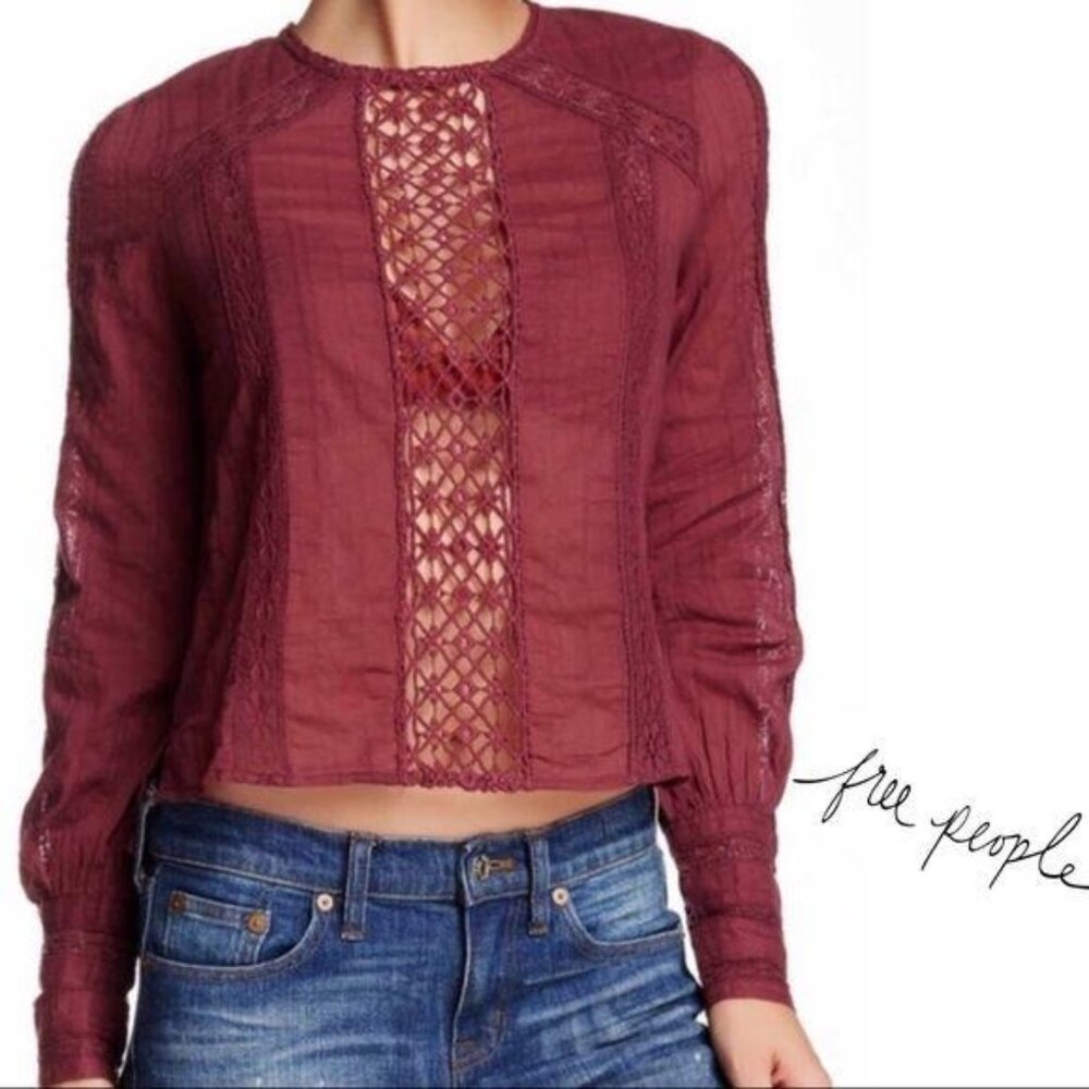 Free People Button Back Lace XS Top Without You Burgundy Maroon Anthropologie